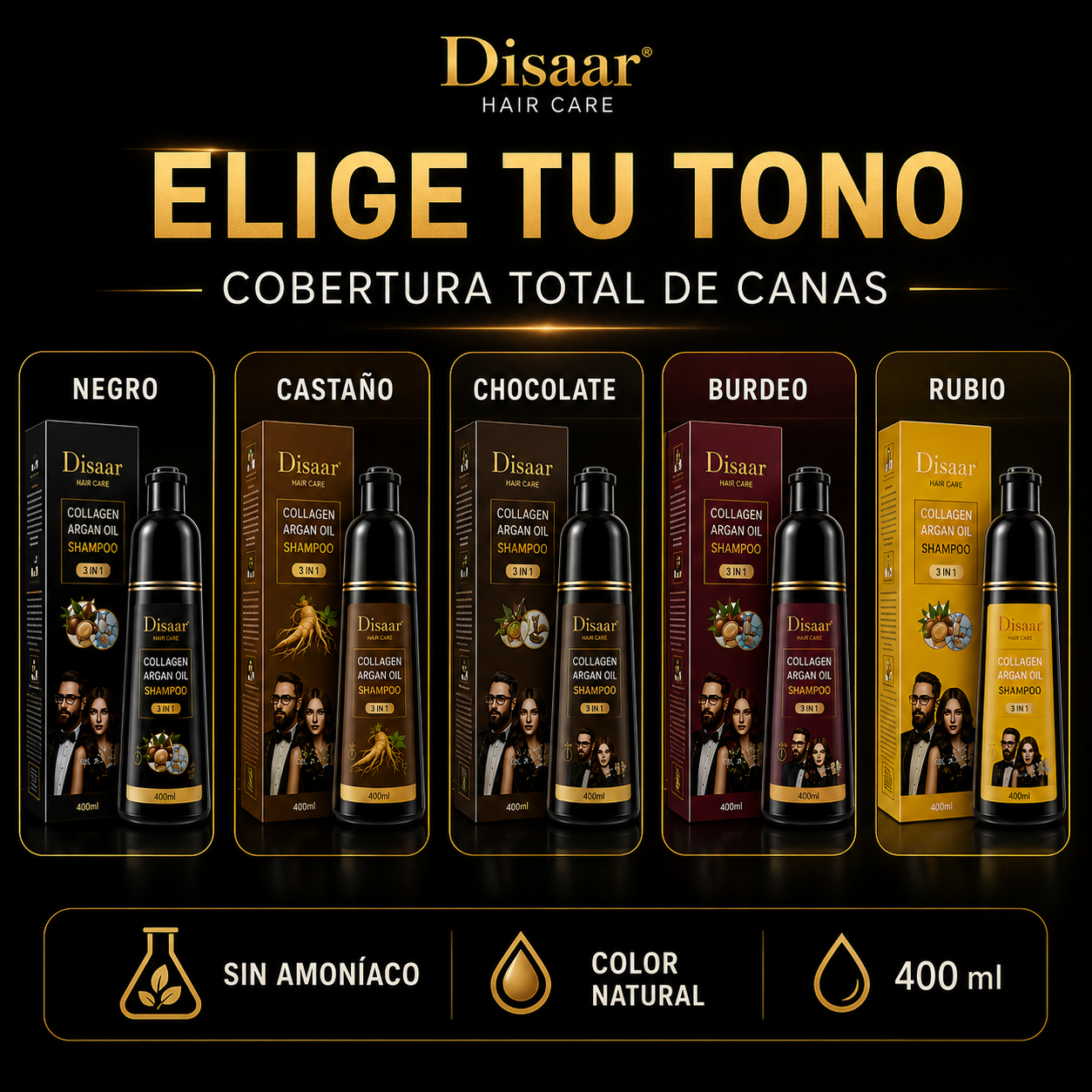 CHAMPÚ TINTE DISAAR ANTI CANAS 400ML - Devuelve la Vida y Color a tu Cabello